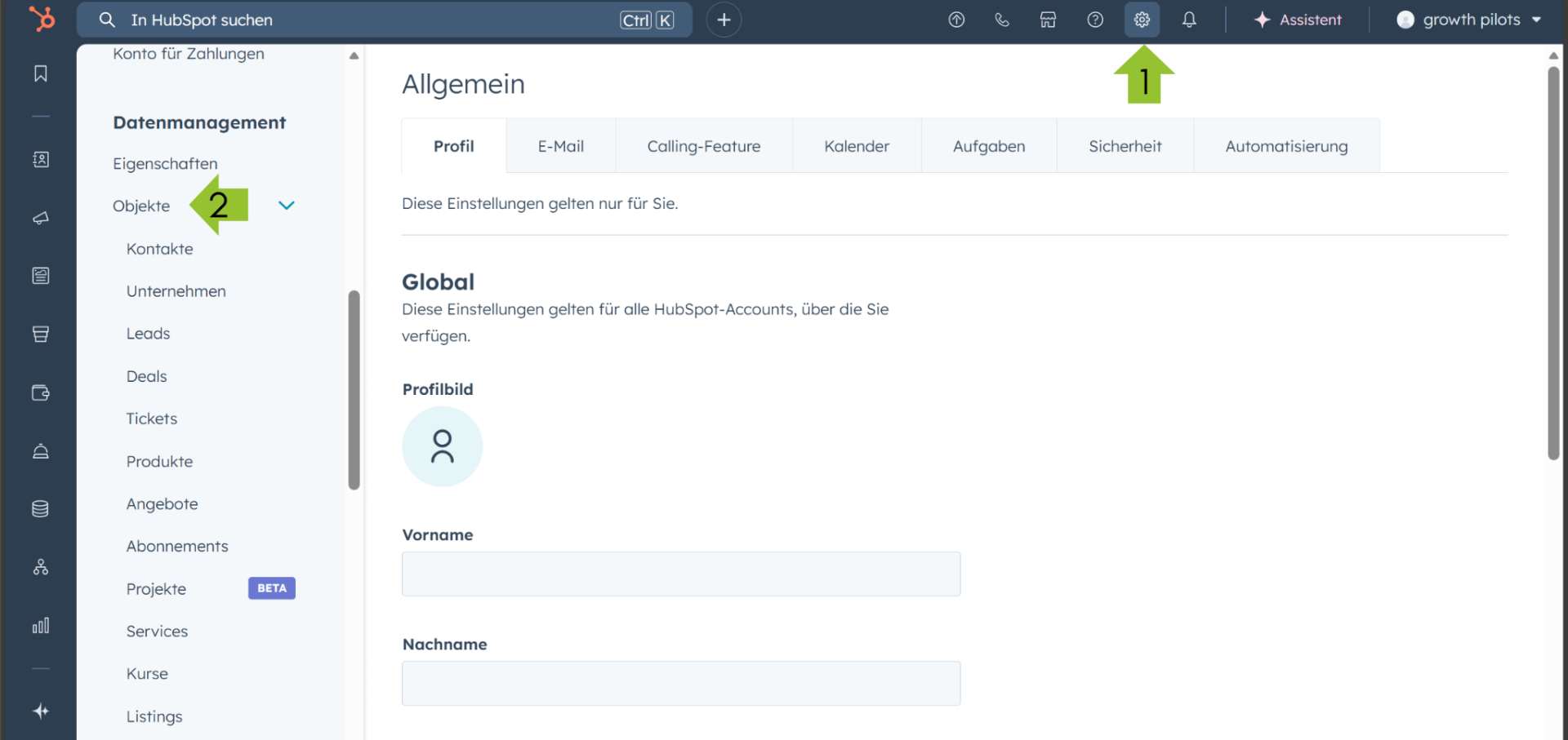 Screenshot aus der HubSpot Oberfläche