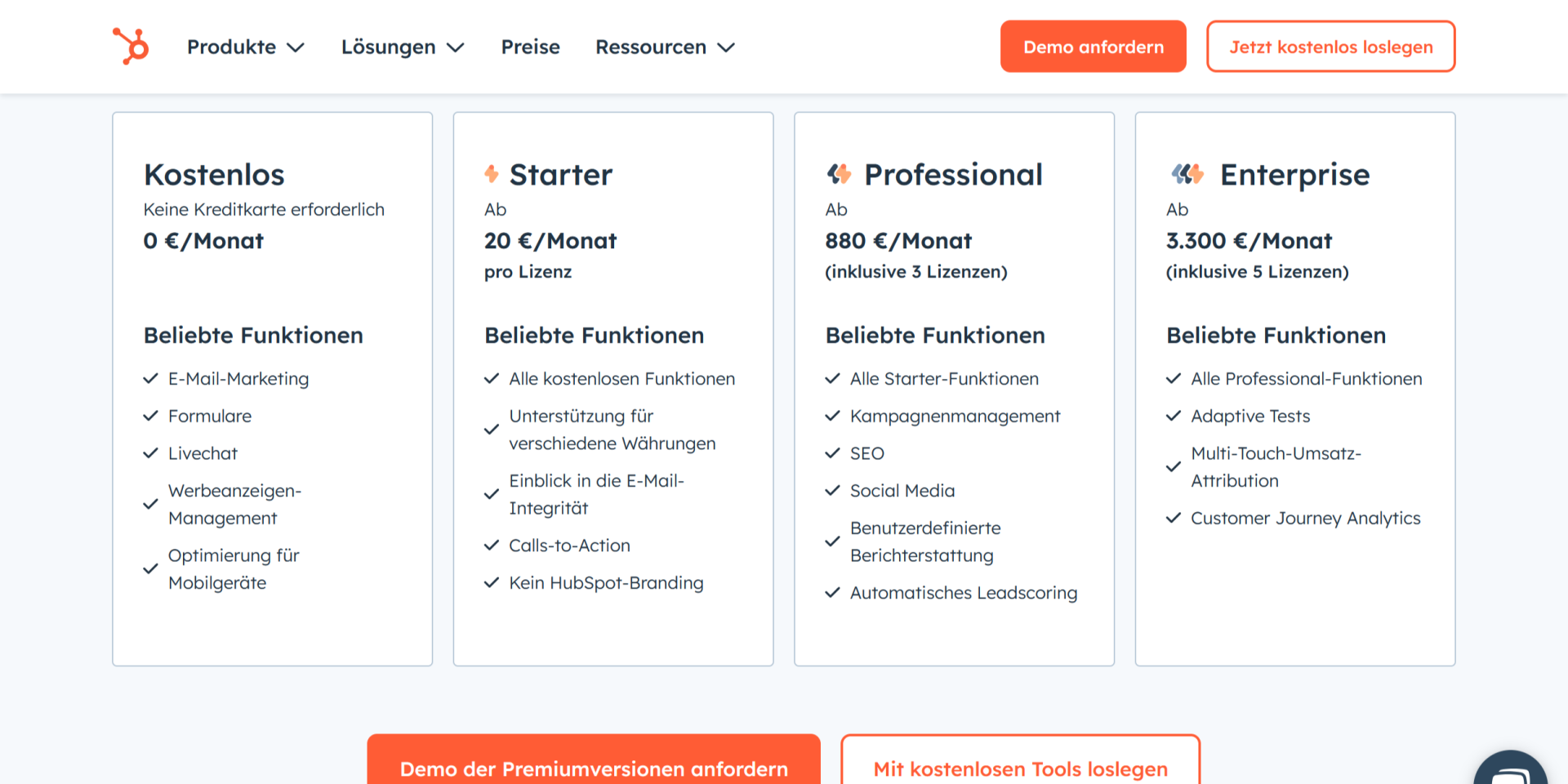 Screenshot der Preise und Funktionen des HubSpot Marketing Hubs