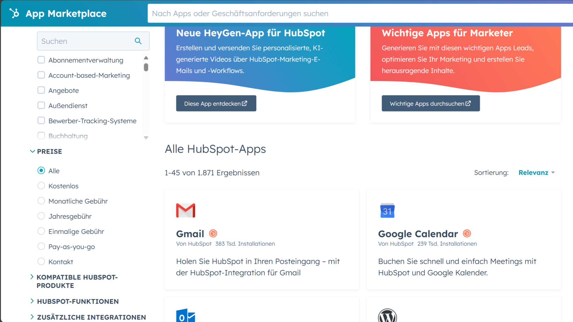Screenshot des HubSpot Marketplace