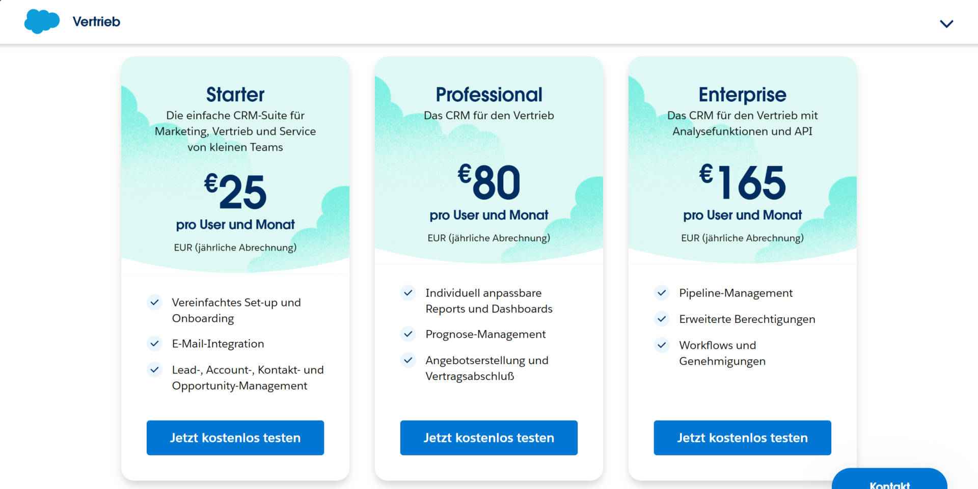 Screenshot der Sales Cloud Tarife