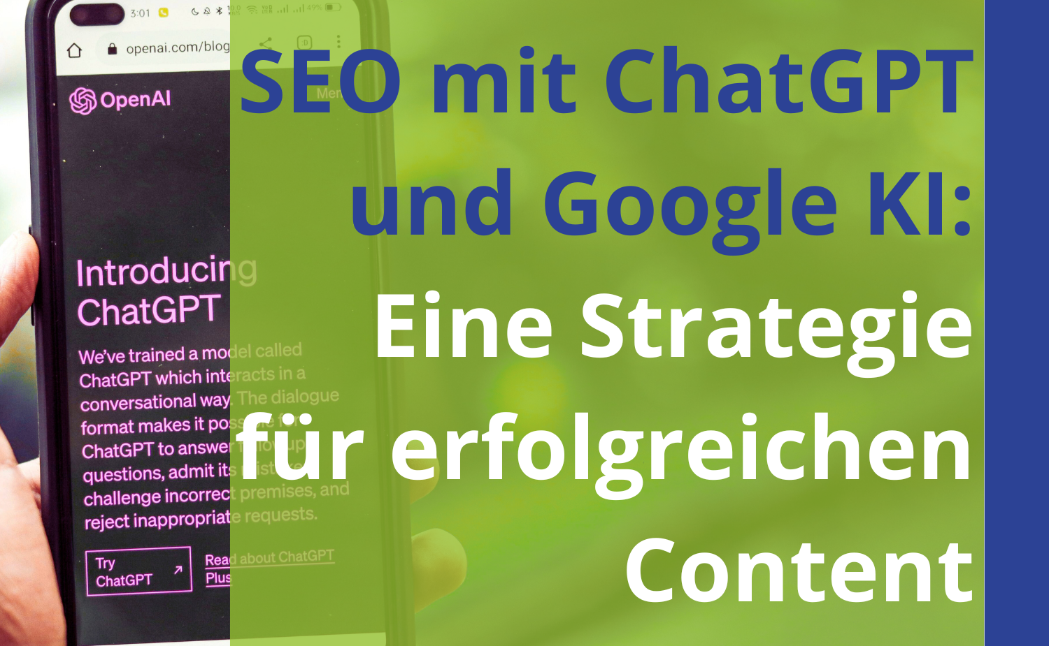 Titel im Vordergrund und im Hintergrund ein Handy, auf dem ChatGPT geöffnet ist und einen Text generiert hat