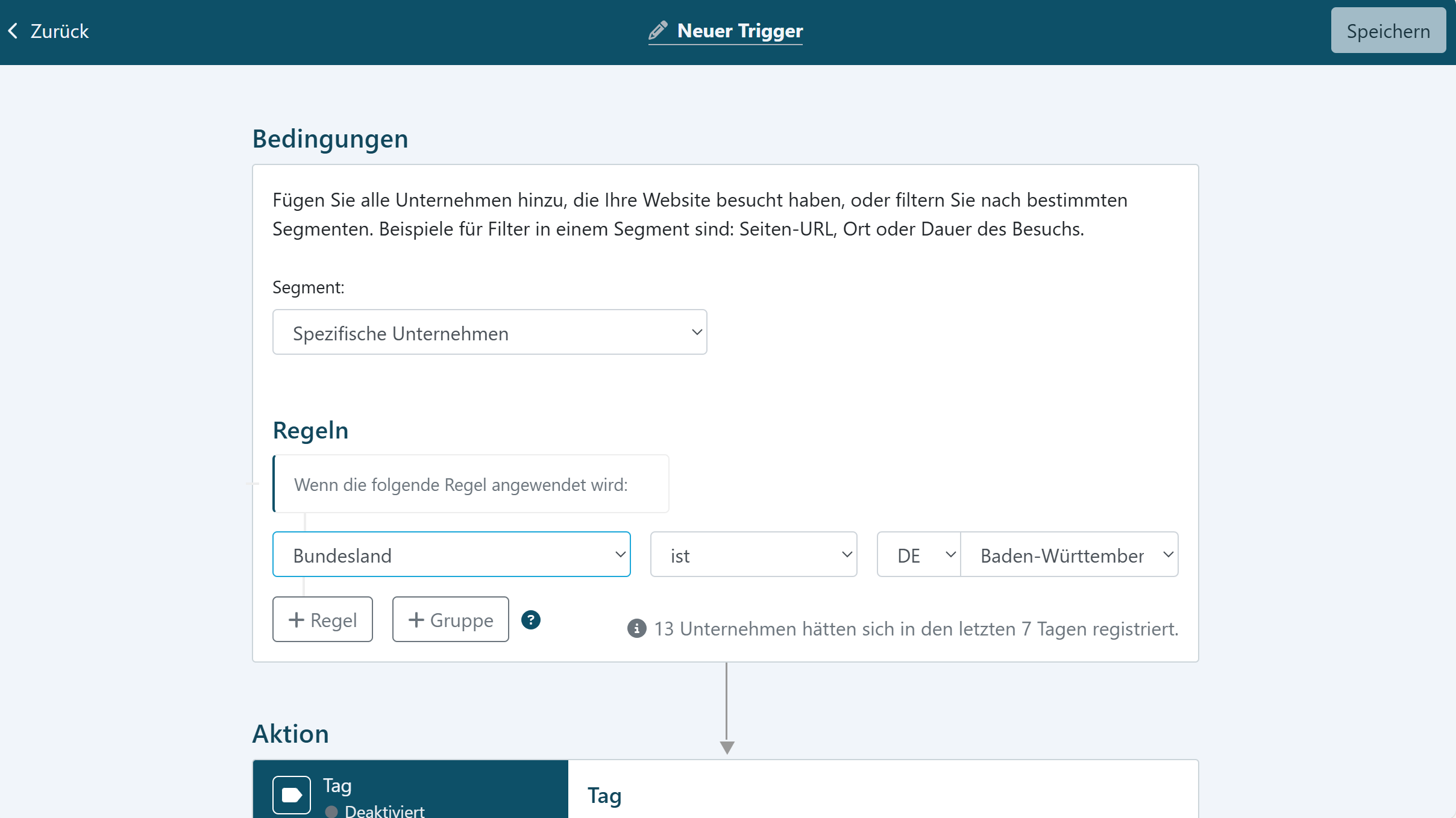 Screenshot aus Leadinfo, in dem ein Bundesland als Trigger angegeben wird